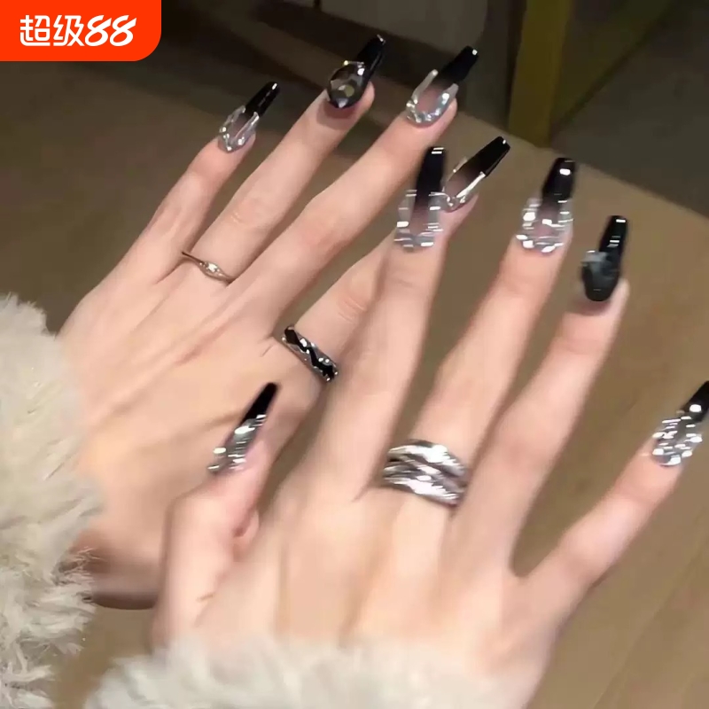 ins高级穿戴黑色渐变美甲新款纯手工甲片长款爆闪指甲贴片辣妹
