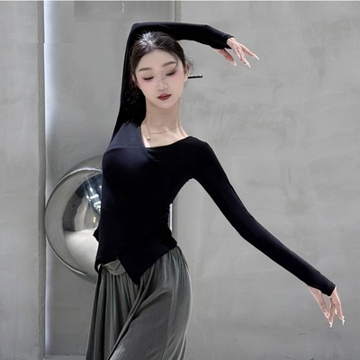 现代舞蹈练功服装显瘦中国古典舞长袖上衣形体服舞蹈服女黑色交叉