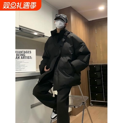 户外纯黑色轻薄羽绒服男款冬季青少年二棉外套棉服美式高街立领面