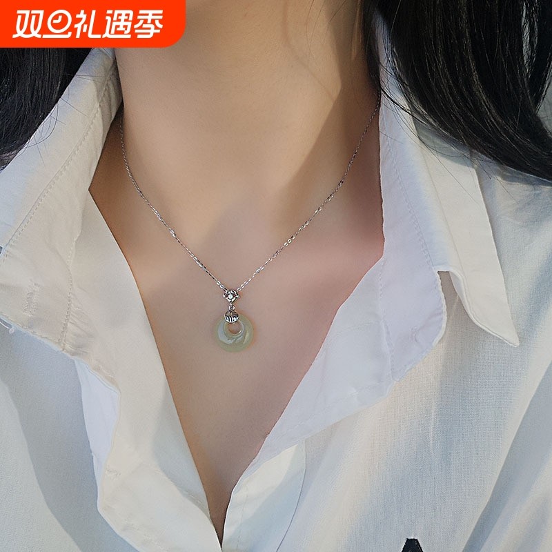 s925纯银和田玉平安扣项链女轻奢风小众吊坠锁骨链福字国潮风个性