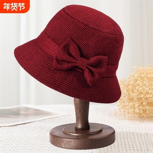 中老年新款秋冬帽女妈妈洋气毛呢礼帽渔夫帽奶奶加厚保暖防寒盆帽