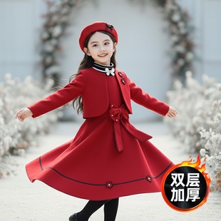 儿童公主裙洋气新年童装 红色毛呢套装 韩版 女童连衣裙秋冬2026新款