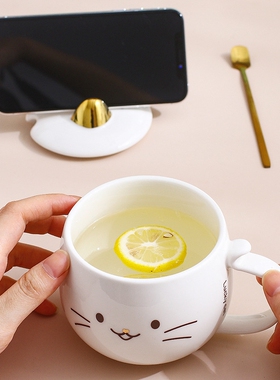 陶瓷马克杯子带盖手机支架cat mug家用办公猫咖啡牛奶喝水杯带勺