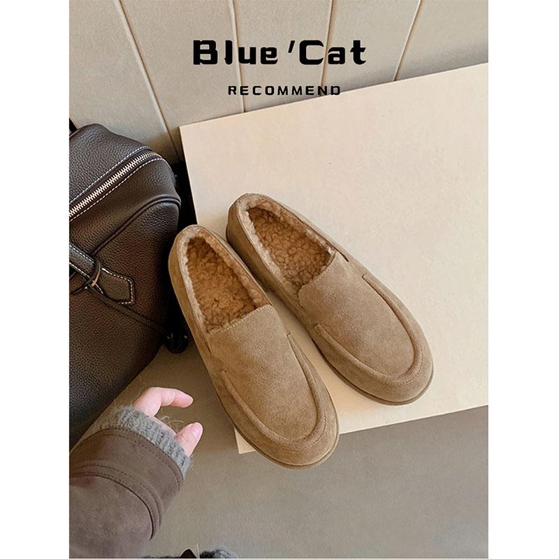 真皮版~老钱风加绒乐福鞋女秋冬新款保暖雪地靴厚底一脚蹬毛毛鞋