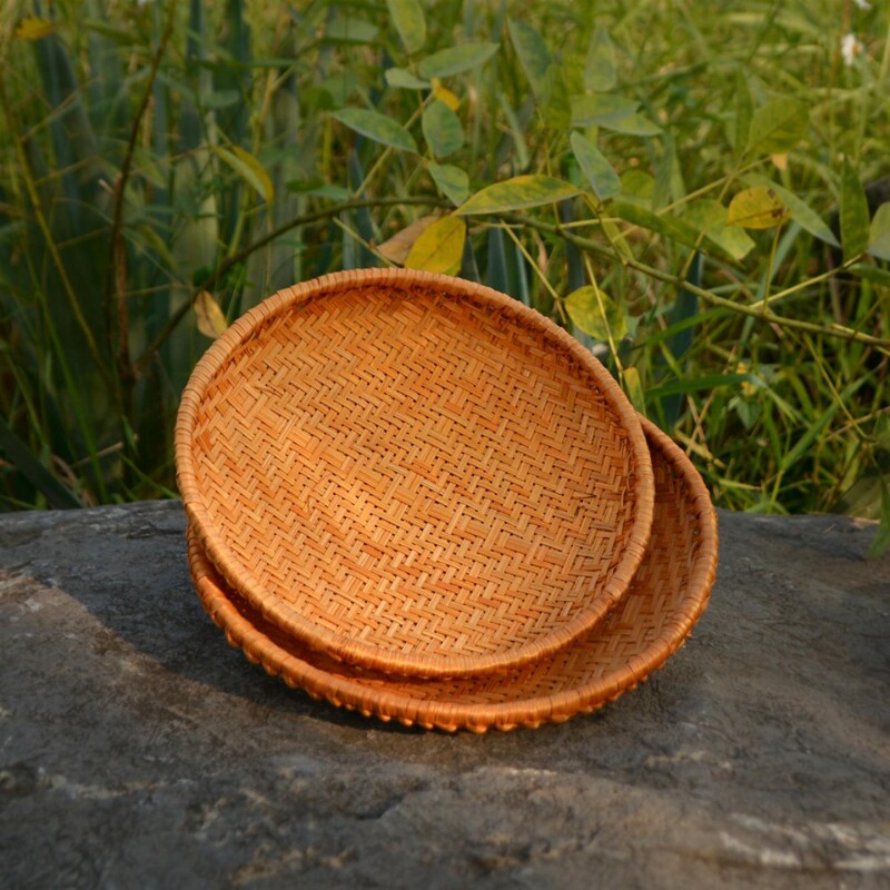 圆形烟熏竹编收纳筐手工编收家用编织收纳篮杂物储物盘点心篮藤编