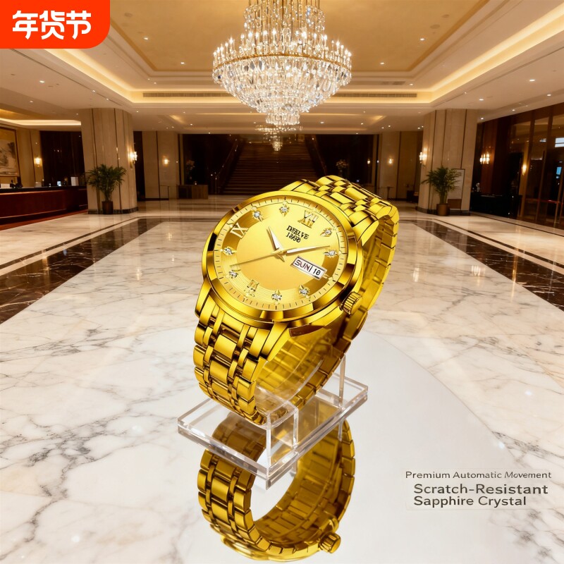 手表男款机械风全自动防水高级感全自动男表数字双日历防水腕表男