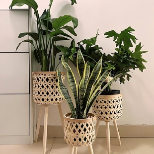 饰阳台藤编编织篮子落地式 北欧ins客厅竹编植物花篮花盆装 家用