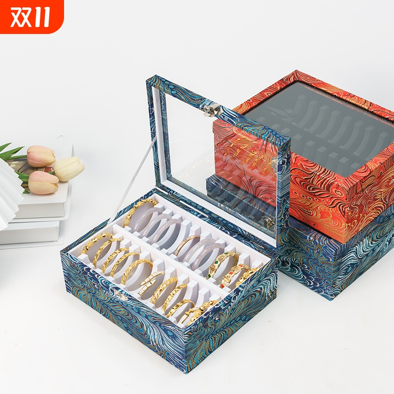 金手镯收纳盒高档精致大容量复古透明玻璃盖翡翠玉镯子专用首饰箱