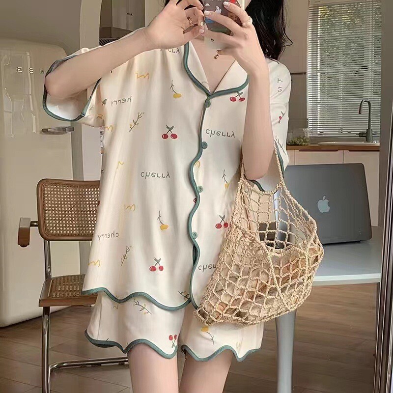 樱桃印花睡衣女波浪边开衫款宽松透气居家服套装多规格