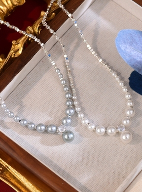 A105法式月光恋人碎银几两方糖珍珠项链小众设计高级感锁骨链颈链