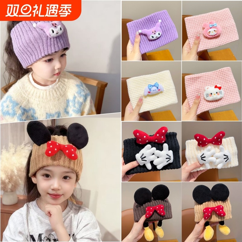 儿童针织发带秋冬季户外保暖头套女童宝宝宽边运动束发箍护额米奇