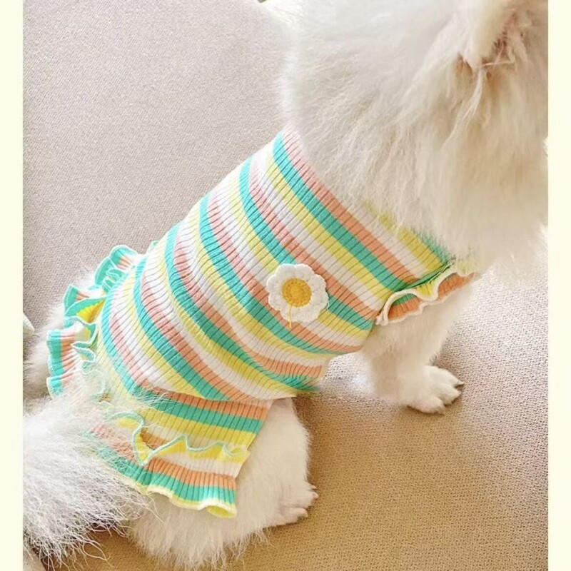 ins狗狗猫咪衣服薄款清爽宠物幼犬春夏装泰迪比熊彩条纹T恤连衣裙