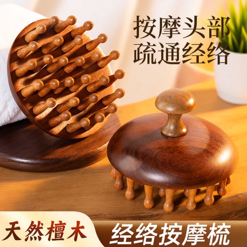 羊角按摩梳28钉绿檀指环梳小众经络头疗头皮按摩梳物经络梳