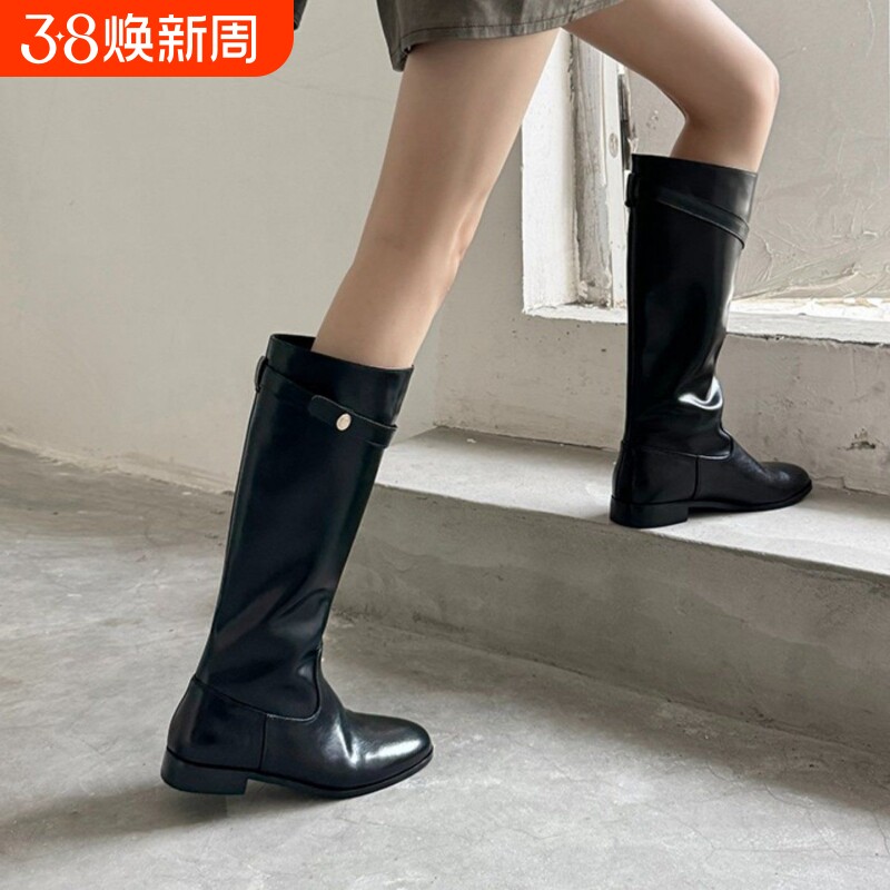 幂琳英伦风靴子长筒靴女2025秋冬新款不过膝粗跟圆头高筒靴机车骑