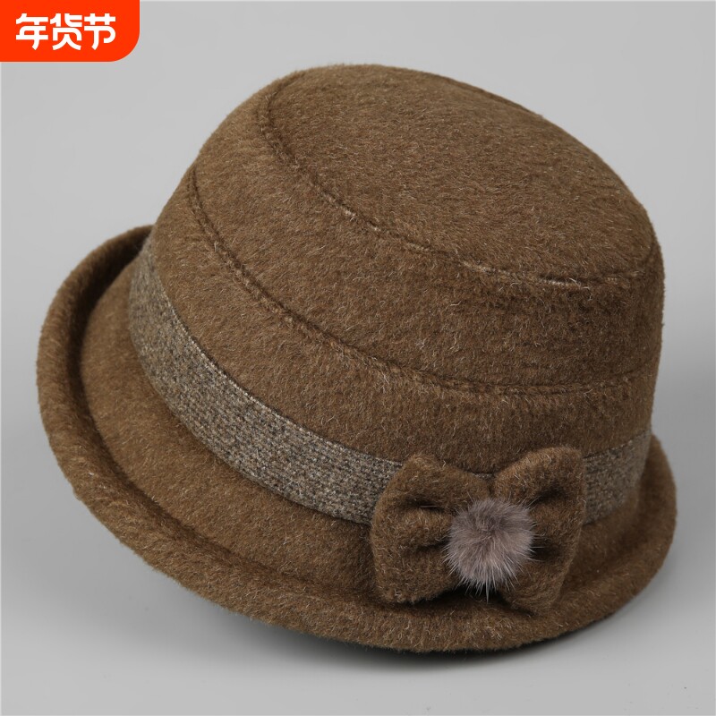 冬季女士妈妈帽子中老年人渔夫帽秋天毛呢保暖盆帽红色灰色优雅