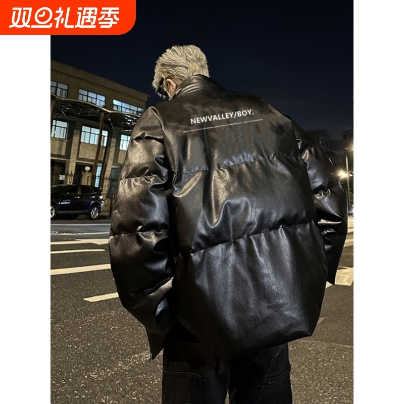 户外立领休闲印花PU皮羽绒服男士外套冬装面包服加厚棉袄潮流美式