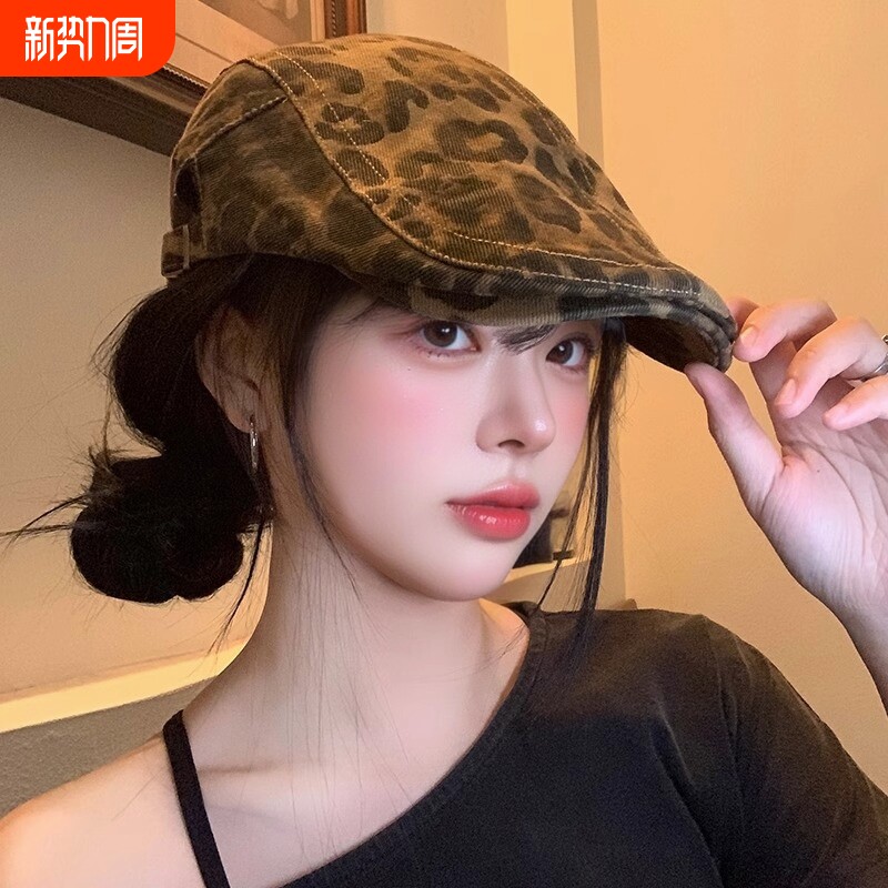 豹纹前进帽美式复古y2k辣妹贝雷帽女秋小众大头围百搭显脸小帽子