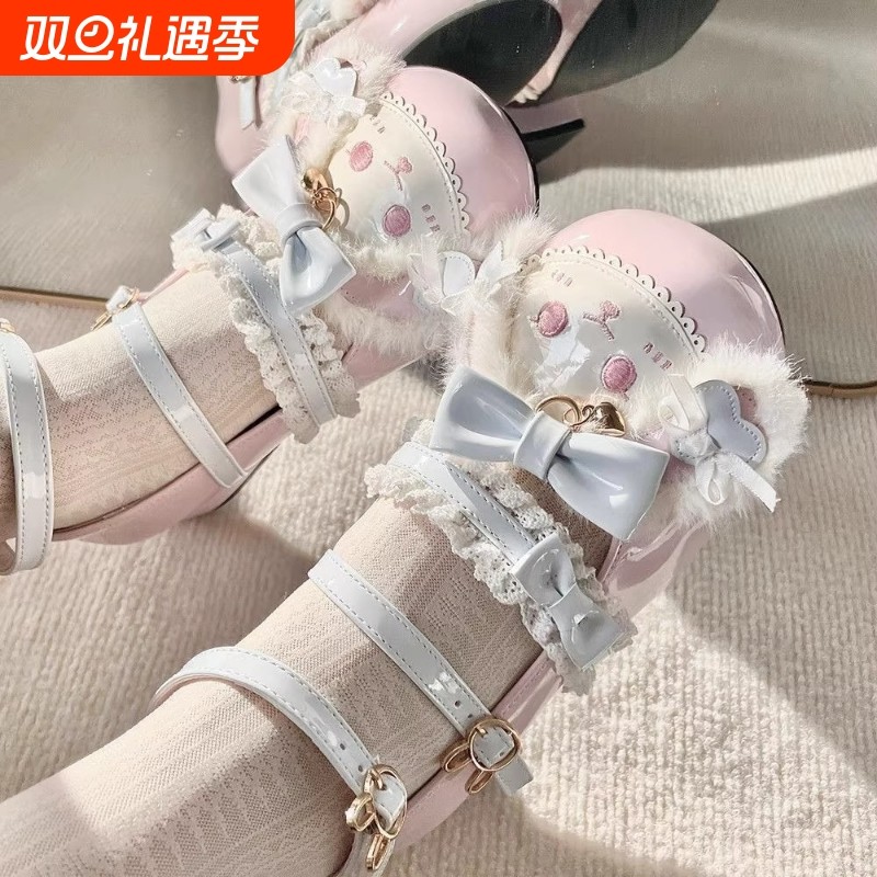 萌兔蝴蝶结低跟圆头lo鞋蕾丝洛丽塔娃娃jk平底鞋学生鞋子可爱皮鞋