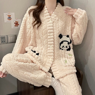 卡通熊猫少女生可外穿法兰绒家居服 2025新款 珊瑚绒睡衣女款 秋冬季