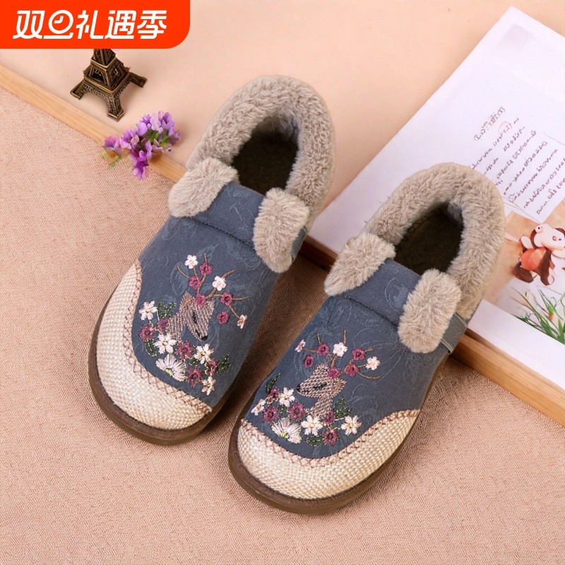 女2025冬季老北京布鞋保暖妈妈鞋新中式棉鞋加绒加厚绣花鞋不累脚