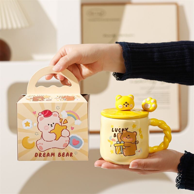 可爱卡通陶瓷杯带盖带勺高颜值情侣马克杯生日礼物送女生喝水杯子