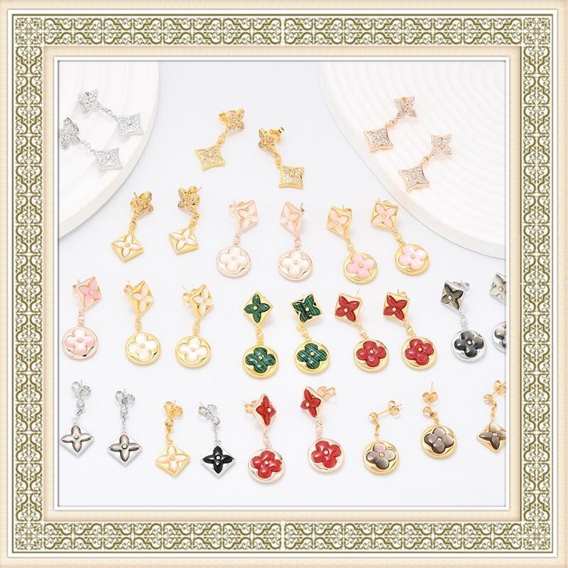 雅宝四叶草天然贝母V金厚度真金耳钉尖花圆饼纯银针耳钉粉贝白贝