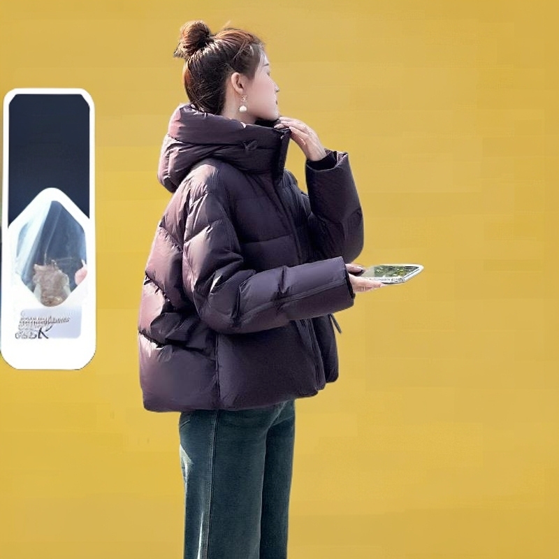 泡芙羽绒服女短款2025冬新款小个子连帽宽松面包服白鸭绒外套紫色