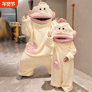 新款丑鱼睡衣儿童连体秋冬季珊瑚绒可爱搞怪连帽睡袍加厚保暖女孩