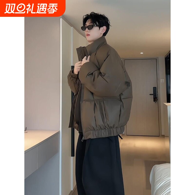 户外美拉德PU皮冬季羽绒服男款立领加厚保暖免洗棉服外黑色鸭绒