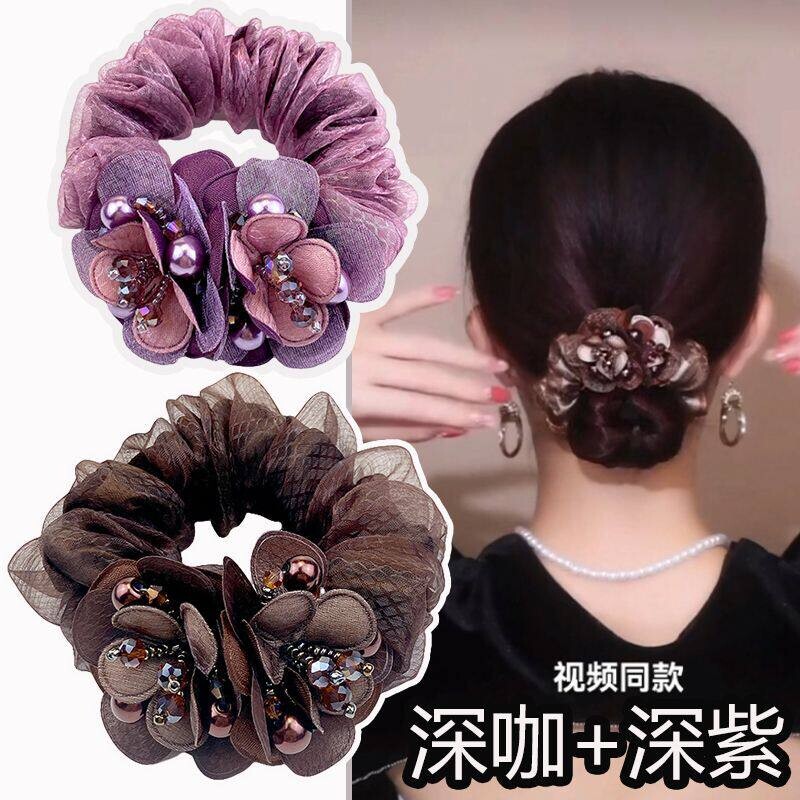 头花丸子头发圈妈妈2026发饰扎头发的皮筋女蓝色紫色花朵布艺高级
