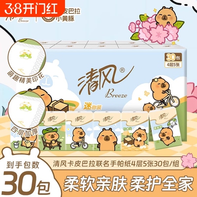 清风手帕纸卡皮巴拉ip4层5张30包随身装面巾纸小包便携式卫生纸巾