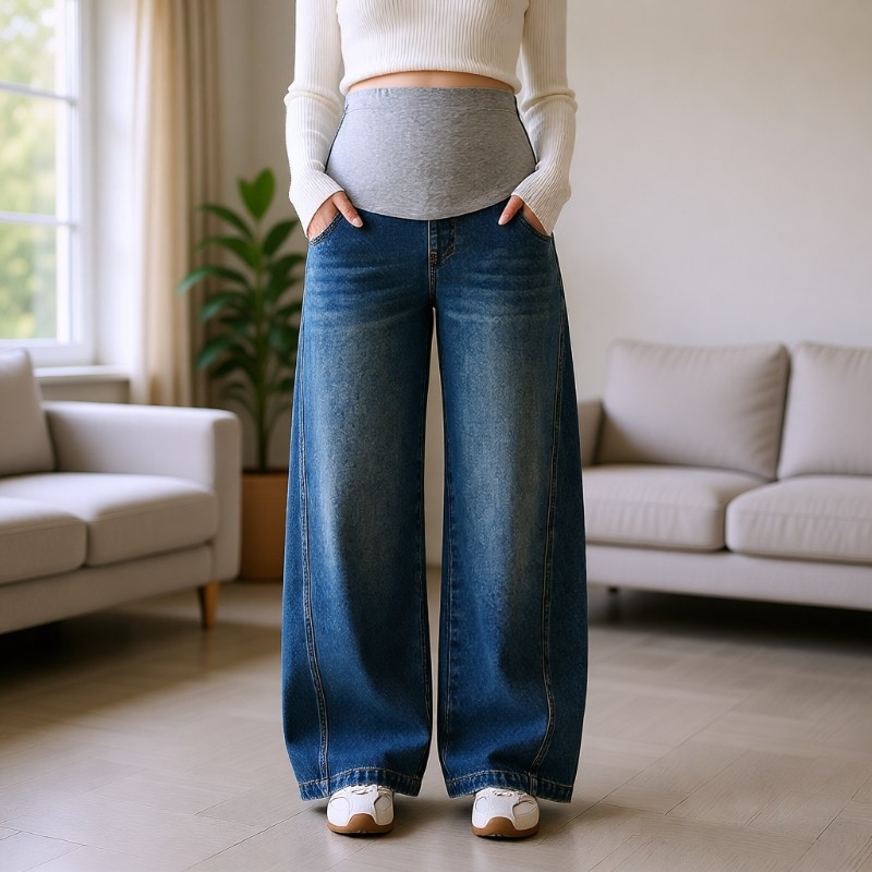 孕妇阔腿裤子秋冬外穿2025新款高腰牛仔裤加厚长裤冬装女孕期托腹