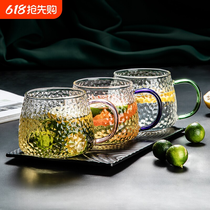 日式锤纹杯带把玻璃杯透明耐高温家用玻璃花茶杯网红锤纹水杯防爆