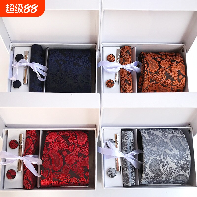 厂家批发男士领带套装腰花14色可选领带方巾袖扣领带夹6件套装