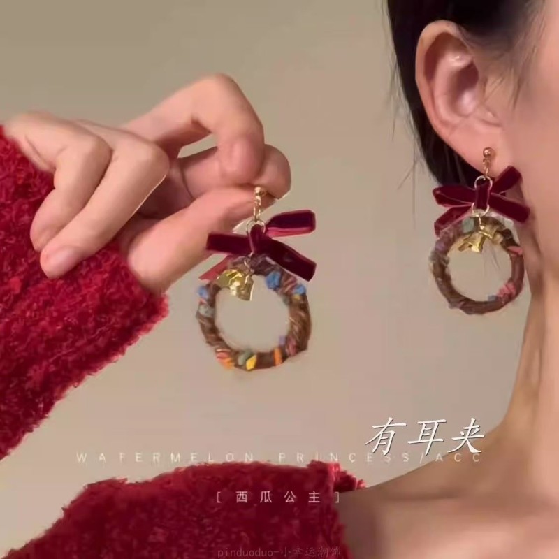 「铃梦」圣诞节耳环女复古蝴蝶结毛绒秋冬氛围感耳饰无耳洞水滴