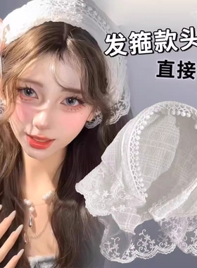 蕾丝发箍头巾一体田园风白色
