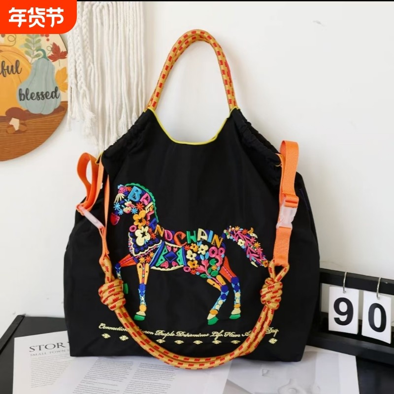 2026新品日系刺绣环保购物袋大容量帆布手提单肩包马年本命年包包