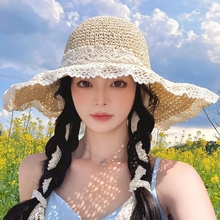 草帽女帽子镂空2025新款夏透气蕾丝花边防晒防晒帽海边遮阳帽法式