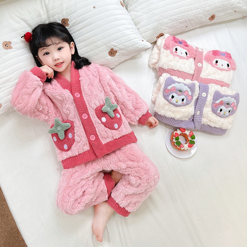 女童法兰绒睡衣秋冬儿童加绒保暖珊瑚绒冬天加厚家居服套装HDD244