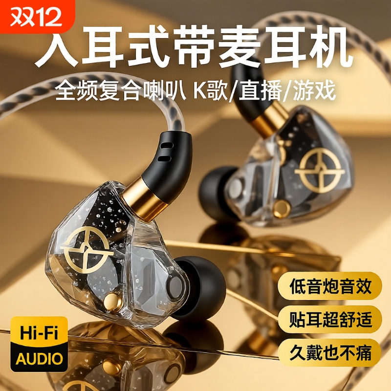 有线耳机麦克风二合一直播运动笔记本耳麦入耳式带麦电竞游戏专用