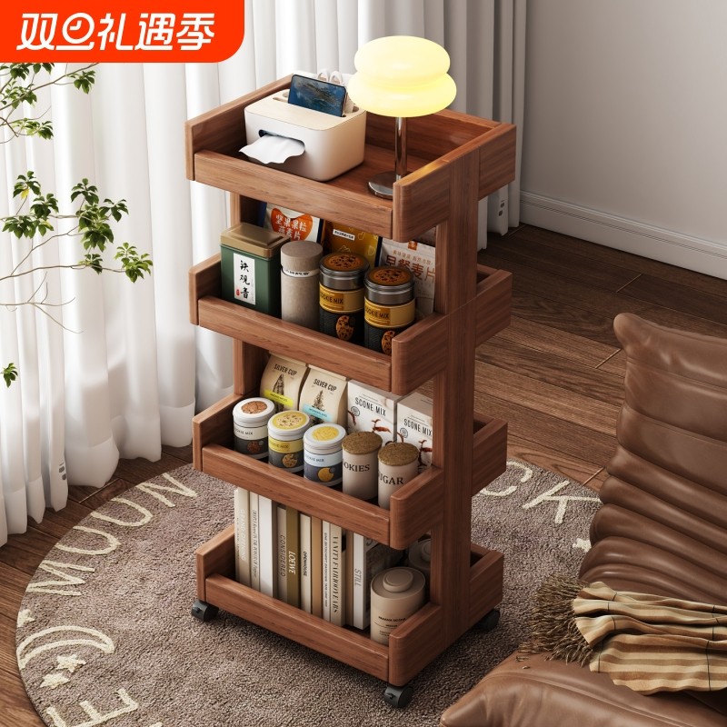 全实木可移动置物架带轮多层书架收纳架沙发窄边架零食储物小推车