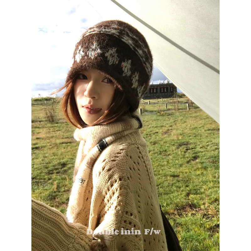 女秋冬季撞色提花毛线帽保暖护耳