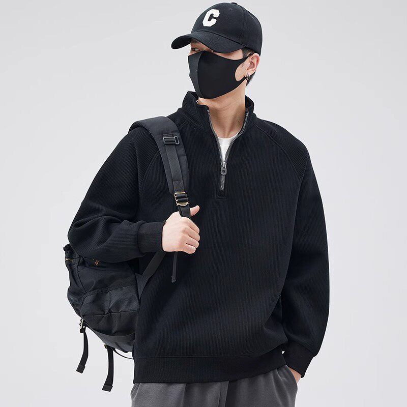 HIGH-QUALITY HALF-ZIPPER SWEATSHIRT MENS SPRING AUTUMN AND WINTER 2025 LOOSE TRENDY BRAND PULLOVER STAND-UP COLLAR UNDERSHIRT PLUS FLEECE TRAINING