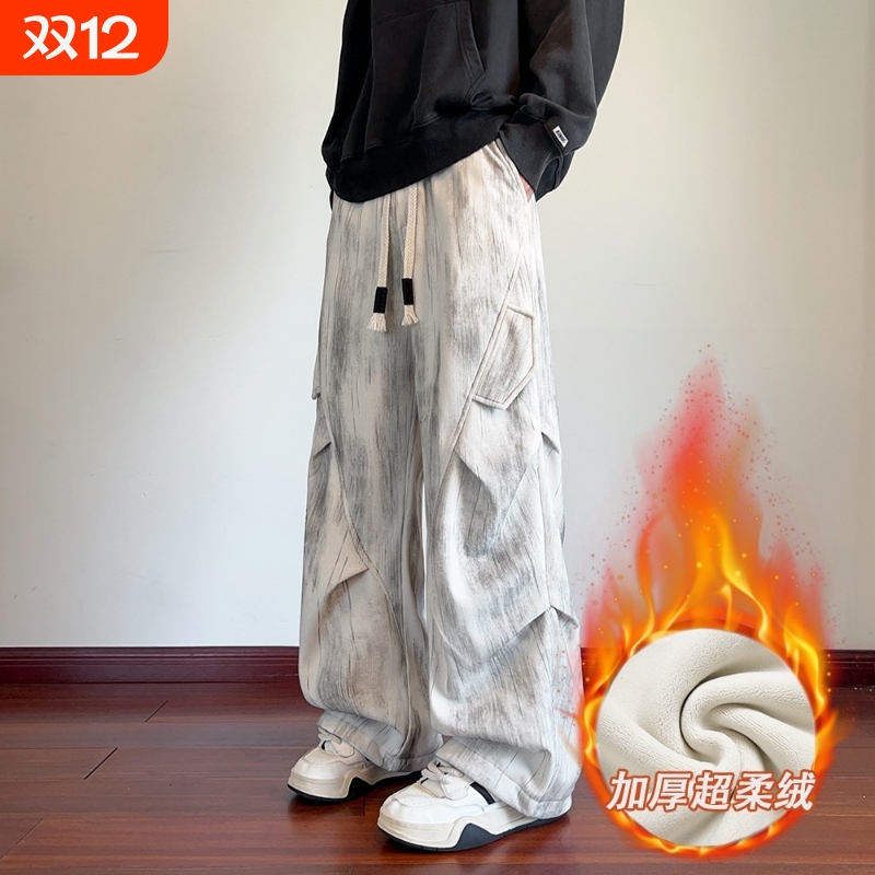 vintage美式复古灯芯绒裤子潮牌扎染褶皱伞兵工装裤男直筒休闲裤