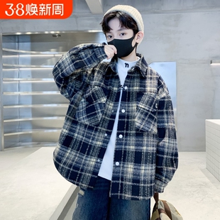 童装男童加绒格子衬衫加厚保暖衬衣外套2025新款秋冬季内搭潮红色