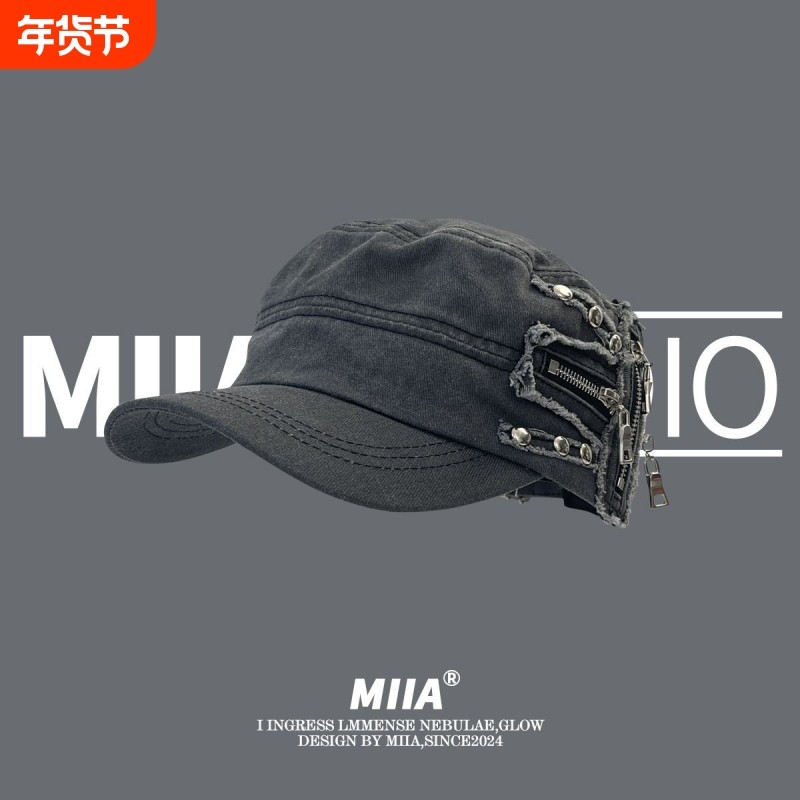 平顶牛仔街头复古铆钉水洗帽子小众美式鸭舌帽贝雷帽大头做旧显脸