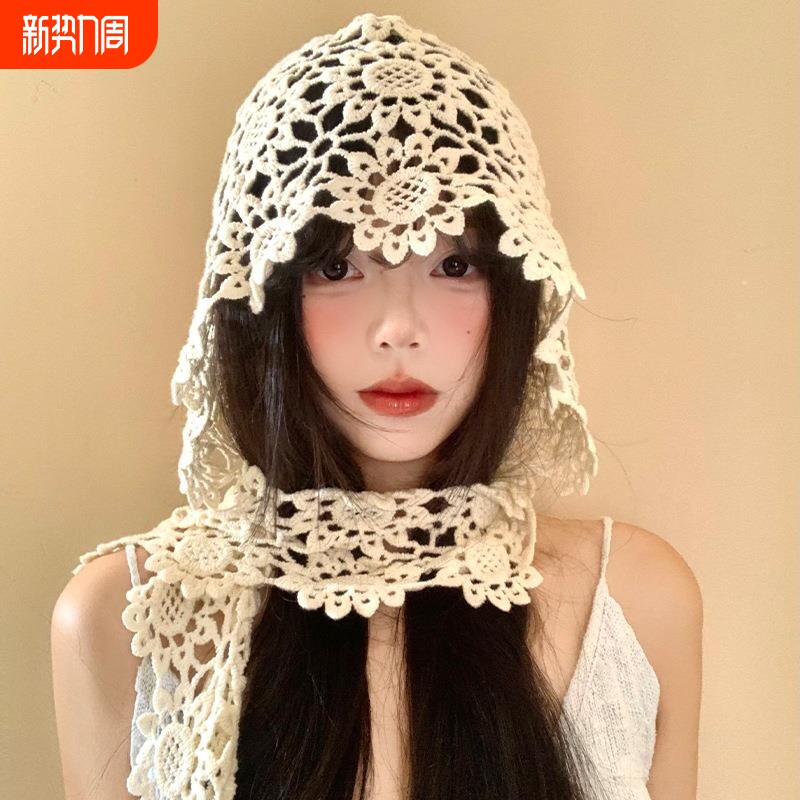 钩花蕾丝镂空帽子女民族风旅游穿搭拍照显脸小套头帽针织包头帽