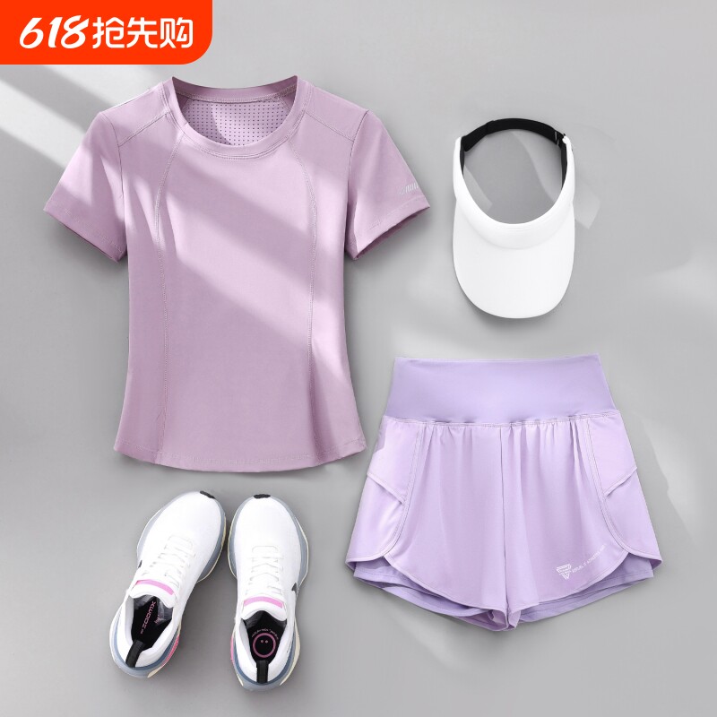跑步运动套装女夏季薄款短袖显瘦瑜伽服后口袋放手机晨跑健身衣服