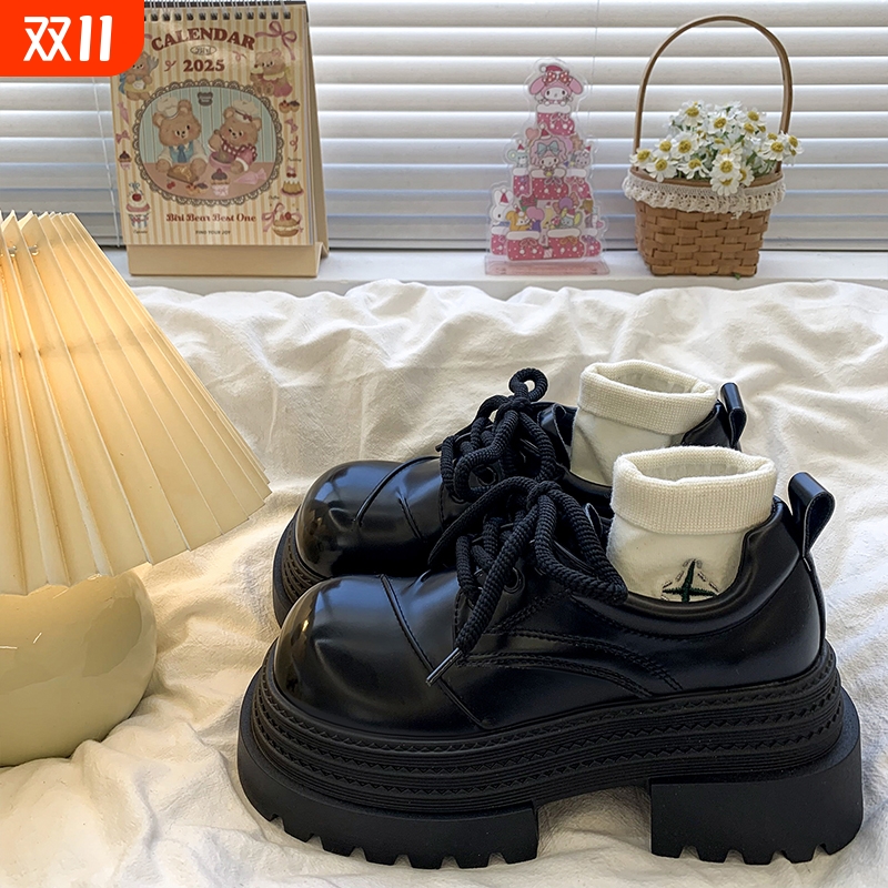 欧货厚底增高小皮鞋女2025秋季新款时尚英伦风小个子系带乐福单鞋