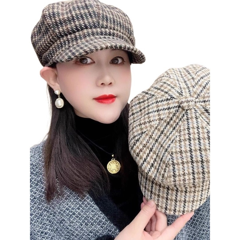 英伦风复古千鸟格纹八角帽子女春秋新款百搭宽檐鸭舌帽洋气贝雷帽